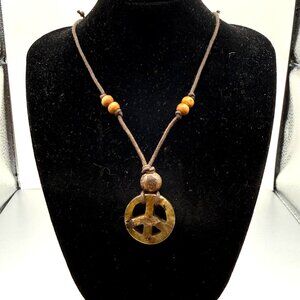 Rustic Peace Sign Pendant Necklace on Adjustable Cord with Wood Beads